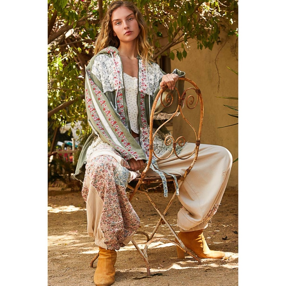 POL Olive Denim Patchwork Hoodie Jacket | Lace Patch Floral Embroidery - Picture 8 of 8